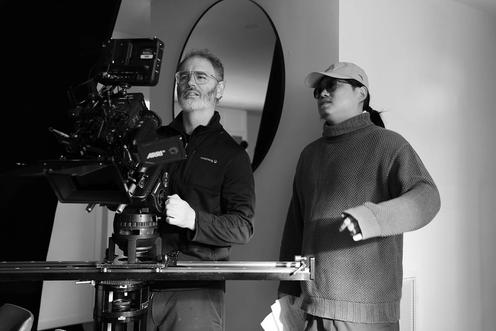 Film production crew in a studio